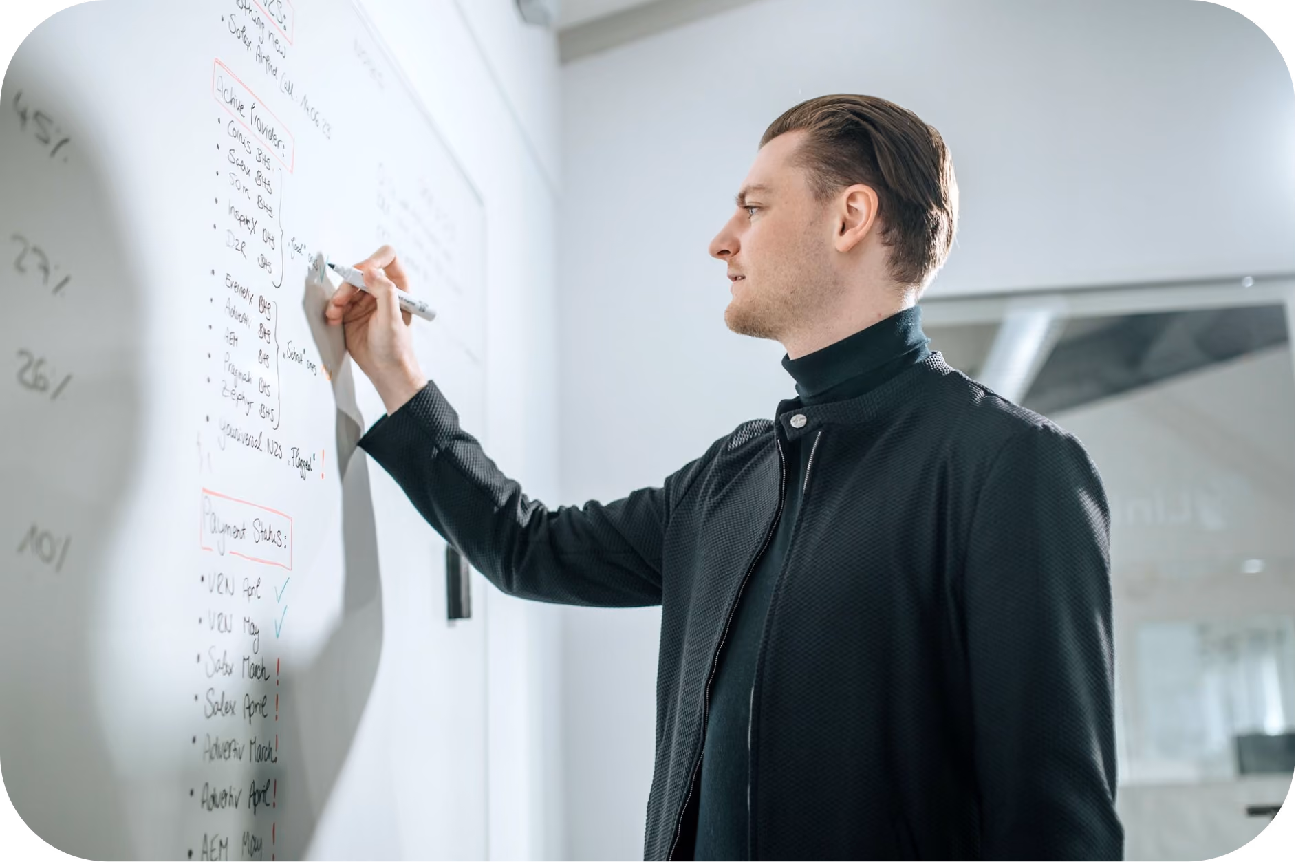 Man in a black jacket writing on a whiteboard filled with notes and lists in an office setting.